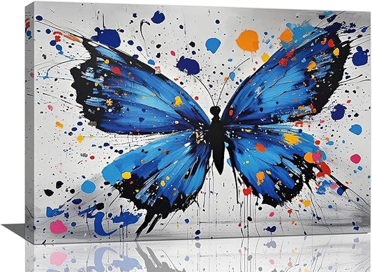 Banksy Butterfly Wall Art Blue Butterfly Street Art Graffiti Wall Decor Pictures Painting Canvas Artwork Framed Decoration Gifts for Women Girl Living Room Bedroom Office 16"x24"