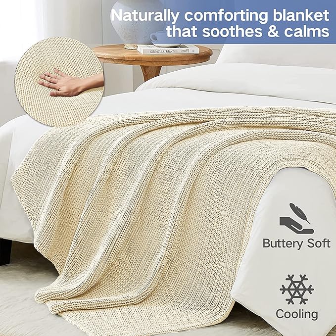 Guohaoi Knitted Weighted Blanket for Adults (Cream 50"x75" 20lbs) No Beads Cooling Throw Blanket for Hot Sleepers, Home Decor Breathable Chunky Knit Heavy Blanket Use on Full Size Bed