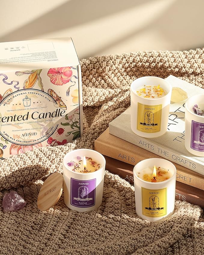 AOOVOO Lavender Candles Set for Women - 4 Pack Candles for Home Scented, 28 oz 200 Hour Long Lasting Aromatherapy Candle with Crystals Inside, Birthday Gifts Mothers Day Candle for Women Mom