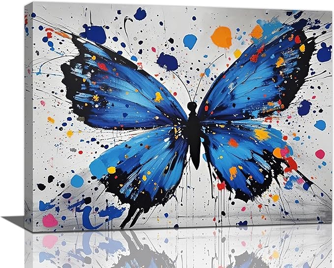 Banksy Butterfly Wall Art Blue Butterfly Street Art Graffiti Wall Decor Pictures Painting Canvas Artwork Framed Decoration Gifts for Women Girl Living Room Bedroom Office 12"x16"