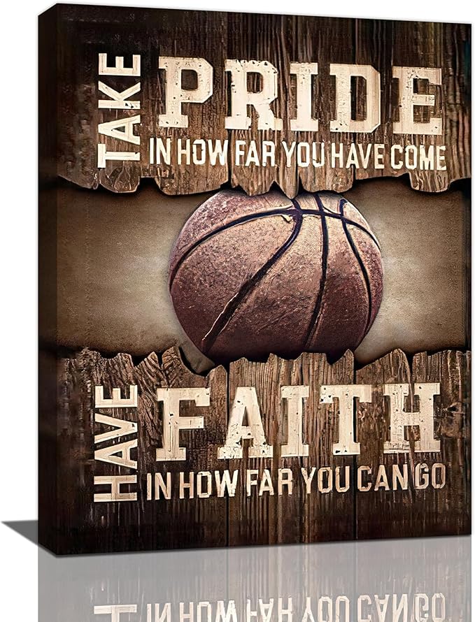 Fleruku Rustic Basketball Wall Art Sports Wall Decor Inspirational Quotes Brown Pictures Basketball Sign Canvas Painting Artwork Home Decorations For Boy Man Teenager Fans Bedroom Living Room 12"x16"
