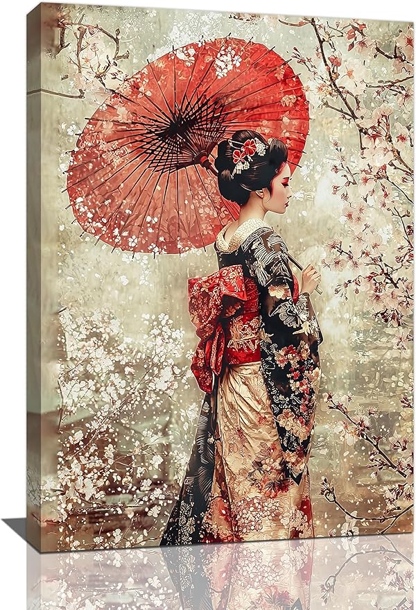 Fleruku Vintage Japanese Wall Art Japanese Geisha Wall Decor Japan Women Pictures Canvas Painting Artwork Home Decorations for Living Room Bedroom Bathroom Office 16"x24"