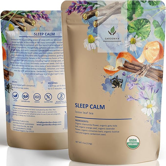 Gardenika Organic Sleep Loose Leaf Tea with Chamomile and Lavender Flowers, Herbal, Caffeine Free, KSA Kosher, Ayurvedic Blend - 4 oz (1 Pack)