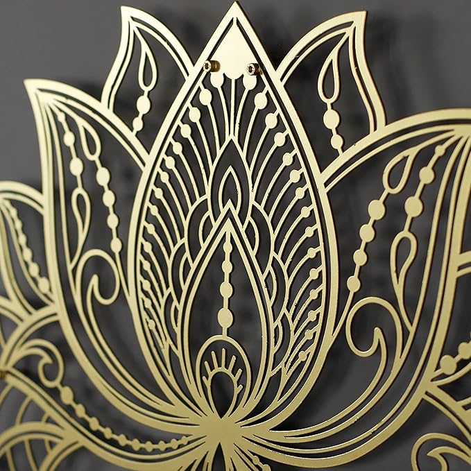 Colorfull Worlds Mandala Metal Wall Decor, Lotus Flower Meditation Room Decor, Minimalist Zen Garden Bohemian Gift for New Year (17" x 11" | 43 x 27.5 cm, Gold)