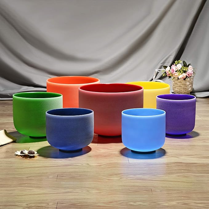 TOPFUND 7-12 inch 432Hz Chakra Set of 7 Color Crystal Singing Bowls with Carrying Cases and Mallets