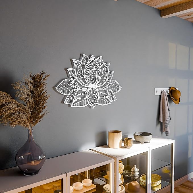 Colorfull Worlds Mandala Metal Wall Decor, Lotus Flower Meditation Room Decor, Minimalist Zen Garden Bohemian Gift for New Year (36" x 23" | 91 x 59 cm, Silver)