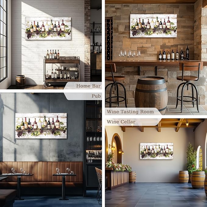crmotu Wine Bottle Still Life Wall Art, Vintage Kitchen Large Canvas Paintings, Rustic Dining Room Artwork for Walls, Modern Pictures Wall Decor for Home Bar Wine Tasting Room Art Prints 20x40inch