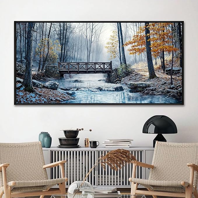 yiijeah Extra Large Living Room Wall Art - Modern Wall Decor for Bedroom Office Decor Mountain Forest Landscapes Village Bridge Painting Framed Canvas Prints Ready to Hang Wall Pictures Home Decor