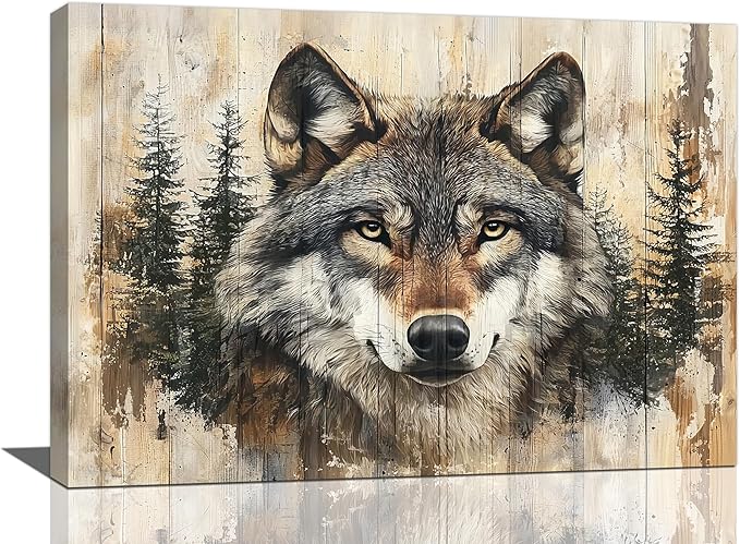 Vintage Wolf Wall Art Farmhouse Wildlife Wall Decor Country Animal Pictures Canvas Painting Artwork Home Decorations for Living Room Bedroom Bathroom Office 24"x16"