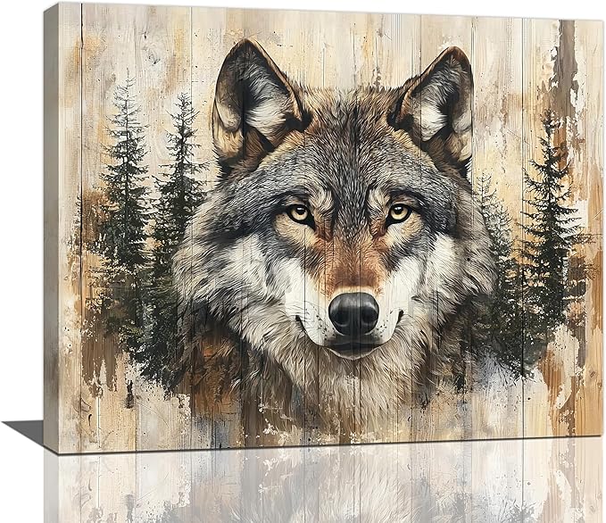 Vintage Wolf Wall Art Farmhouse Wildlife Wall Decor Country Animal Pictures Canvas Painting Artwork Home Decorations for Living Room Bedroom Bathroom Office 24"x20"