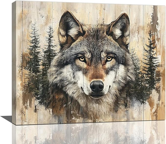 Vintage Wolf Wall Art Farmhouse Wildlife Wall Decor Country Animal Pictures Canvas Painting Artwork Home Decorations for Living Room Bedroom Bathroom Office 24"x20"