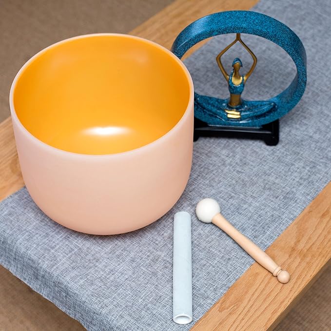 Leize Quartz Crystal Singing Bowl 432hz D Note Sacral Chakra Navel Chakra Orange 11" with Suede Striker