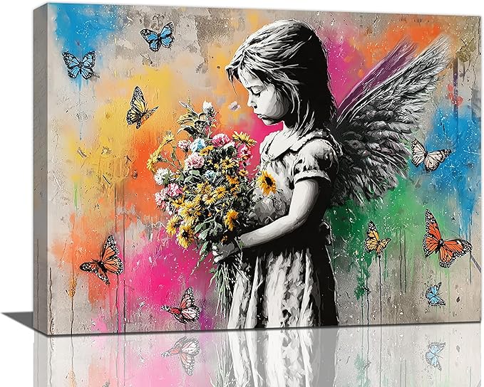Banksy Wall Art Butterfly Girl Pictures Street Pop Art Graffiti Canvas Wall Decor Vintage Kids Aesthetic Painting Artwork Decorations Framed for Living Room Bedroom Bathroom Kid Room Office 12"x16"