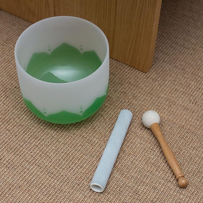 Leize Quartz Crystal Singing Bowl F Note 432 hz Heart Chakra Green Lotus Design 9" Wide with Suede Striker