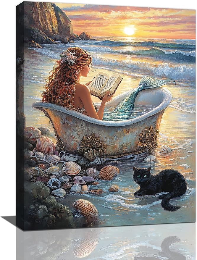 Mermaid Wall Art Beach Coastal Nautical Wall Decor Sunset Cat Pictures Canvas Painting Framed Artwork Home Decorations for Bathroom Living Room Bedroom Office 12"x16"