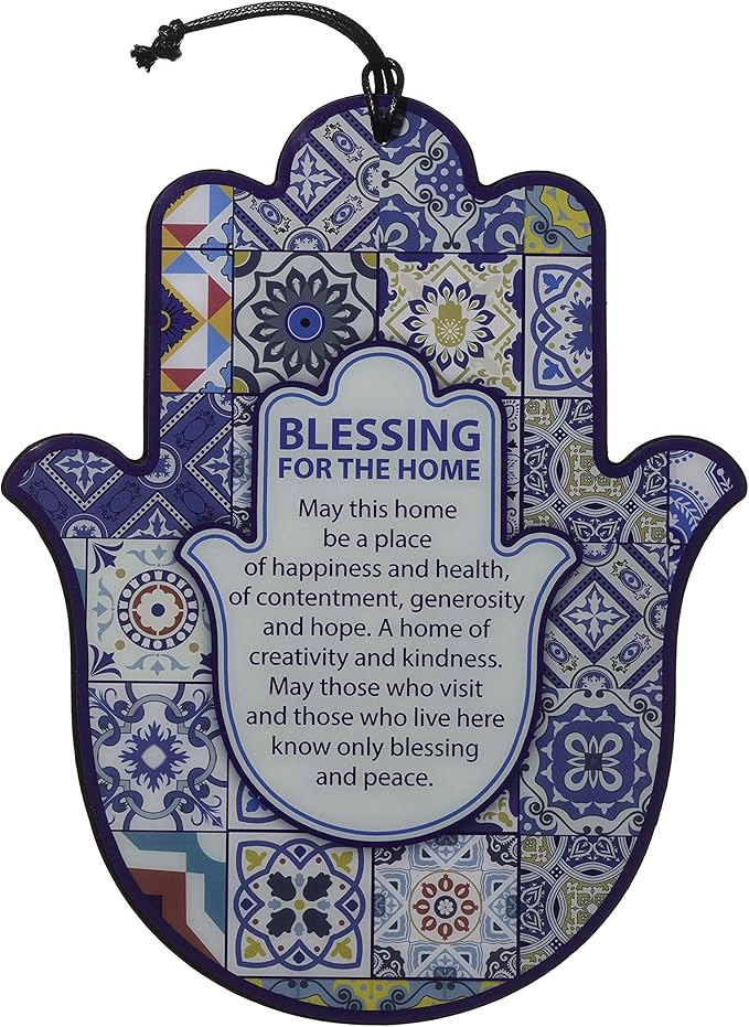 Hamsa English Home Blessing, 9.5 Inches - Good Luck Hamsa Hand Wall Hanging Decor, Evil Eye Protection Amulet