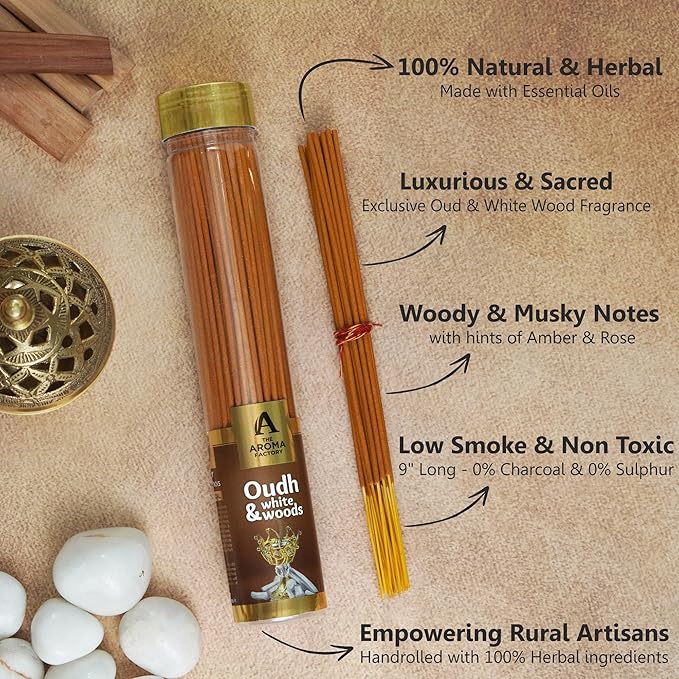 The Aroma Factory Organic Incense Sticks Oudh & White Woods (Herbal Oud Agarbatti for Pooja) 0% Charcoal, 0% Sulphates, 1 x 100g Bottle