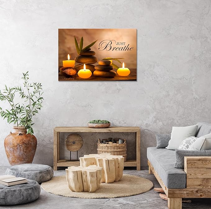 YIOZHAOFH Zen Wall Decor Just Breathe Motivational Bathroom Wall Art Yoga Room Poster for Women Spa Picture Painting Spiritual Artwork Framed for Living Room Ready to Hang (16L x 24W)