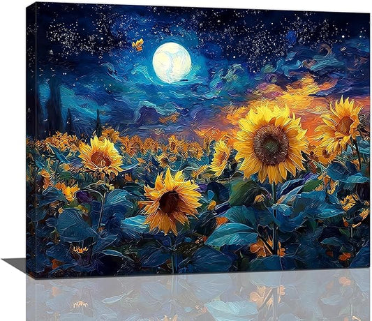 Sunflower Canvas Wall Art Starry Night Pictures Painting Yellow Floral Wall Decor Prints Framed Artwork Decoration for Living Room Bedroom Bathroom Dining Room Office 16"x20"