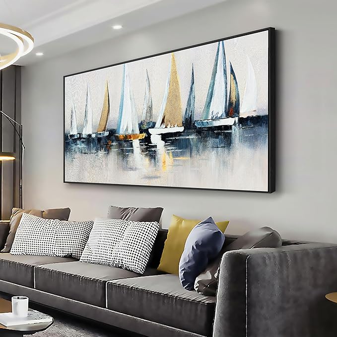 Abstract Wall Art Blue and White Sailboat Wall Paintings Framed Artwork for Living Room Bedroom Bathroom Office Home Decor Can Be Hung Directly 29"x 58"