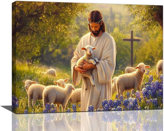 Fleruku Jesus Lamb Wall Art Christ Christian Wall Decor Jesus Religious Sign Pictures Canvas Painting Artwork Home Decorations for Living Room Bedroom Bathroom Office 16"x12"
