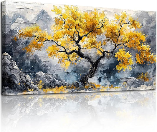 crmotu Gold Tree of Life Wall Art, Mountain Tree Extra Large Artwork, Modern Chinoiserie Landscape Paintings Prints, Neutral Wall Decorations for Living Room Bedroom Office Ready to Hang 30x60inch