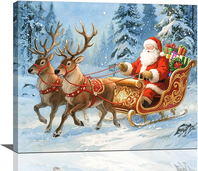 Santa Claus Christmas Wall Art Winter Santa Claus Reindeer Canvas Wall Decor Winter Christmas Pictures Painting Artwork Decoration Framed Gifts for Women Girl Bedroom Living Room Dining Office 20"x24"