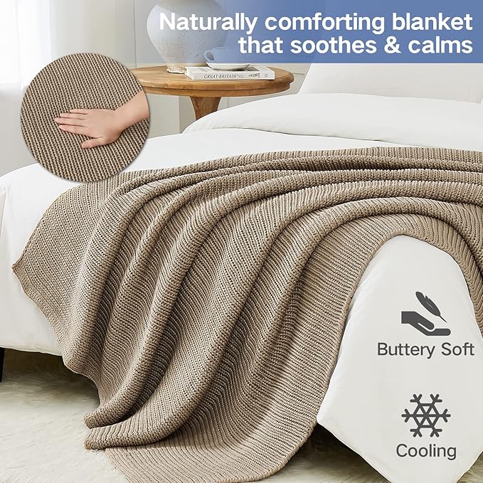 Guohaoi Knitted Weighted Blanket for Adults (Beige 60"x80" 17lbs) No Beads Cooling Throw Blanket for Hot Sleepers, Home Decor Breathable Chunky Knit Heavy Blanket Use on Queen/King Size Bed