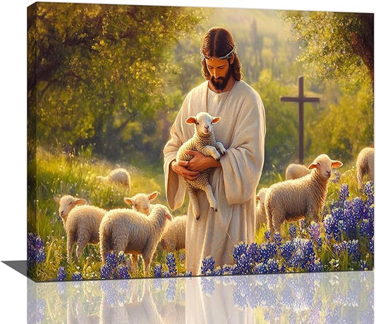 Fleruku Jesus Lamb Wall Art Christ Christian Wall Decor Jesus Religious Sign Pictures Canvas Painting Artwork Home Decorations for Living Room Bedroom Bathroom Office 20"x16"
