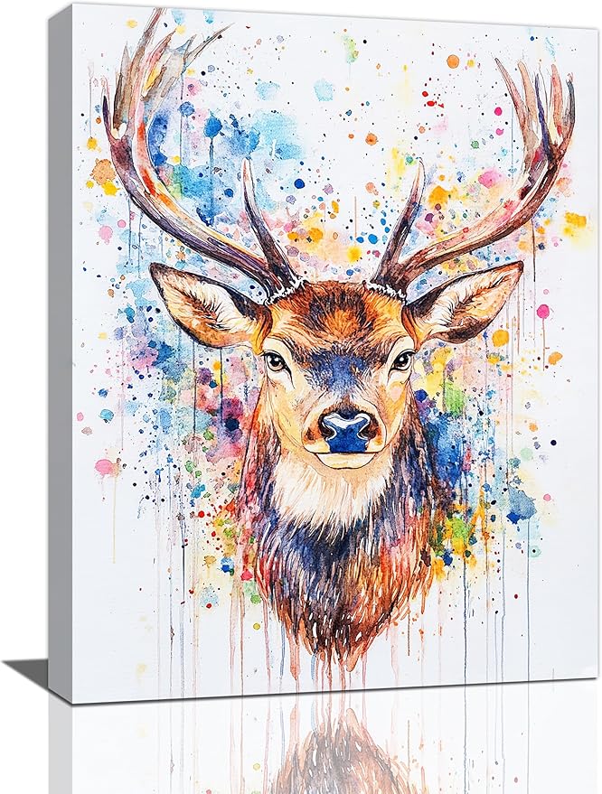 Fleruku Watercolor Deer Wall Art Colorful Elk Wall Decor Antlers Pictures Animal Canvas Painting Artwork Home Decorations for Living Room Bedroom Bathroom Office Nursery Classroom 12"x16"