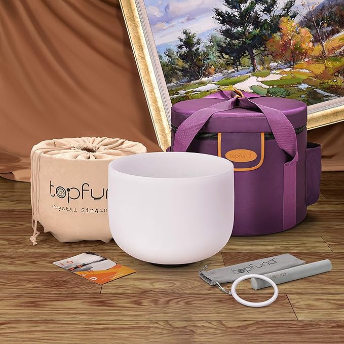 TOPFUND G Note Crystal Singing Bowl Throat Chakra 8" with Heavy Duty Carrying Case and Suede Mallet