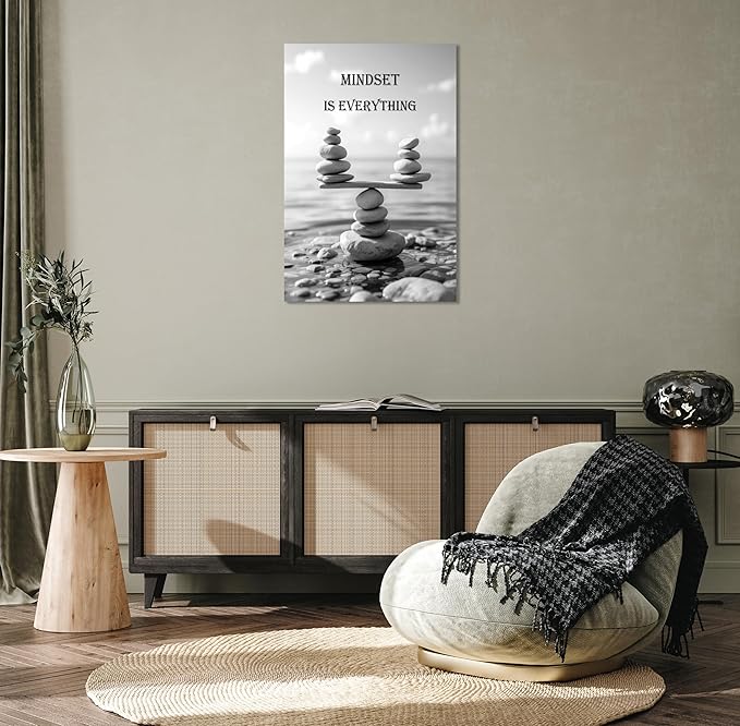 YIOZHAOFH Mindset Wall Art for Zen Office Inspirational Pictures Wall Decor Motivational Quotes Canvas Art Black and White Landscape Nature Print Poster Painting Framed for Meditation Spa Room Bedroom (24L x 36W)