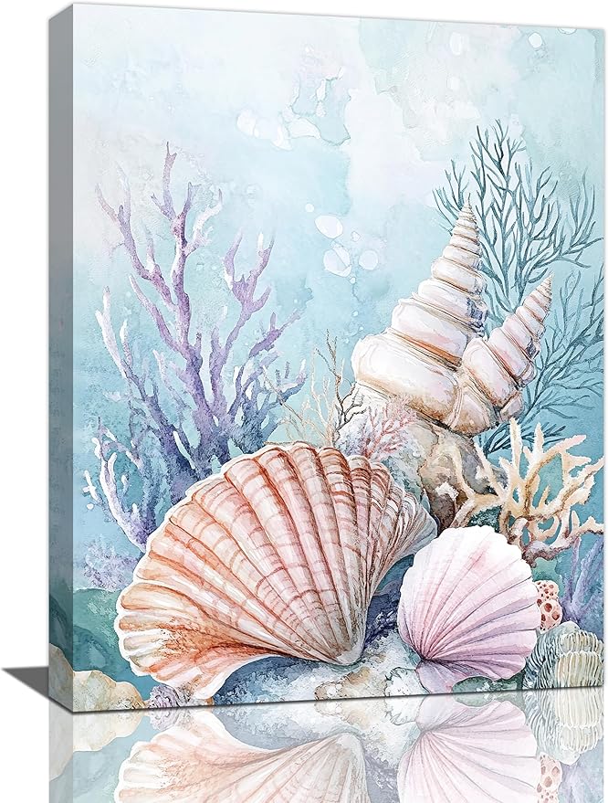 Fleruku Beach Coral Shells Wall Art Nautical Sea Wall Decor Ocean Pictures Canvas Painting Artwork Home Decorations for Living Room Bedroom Bathroom Office Nursery 12"x16"