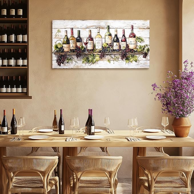 crmotu Wine Bottle Still Life Wall Art, Vintage Kitchen Large Canvas Paintings, Rustic Dining Room Artwork for Walls, Modern Pictures Wall Decor for Home Bar Wine Tasting Room Art Prints 24x48inch