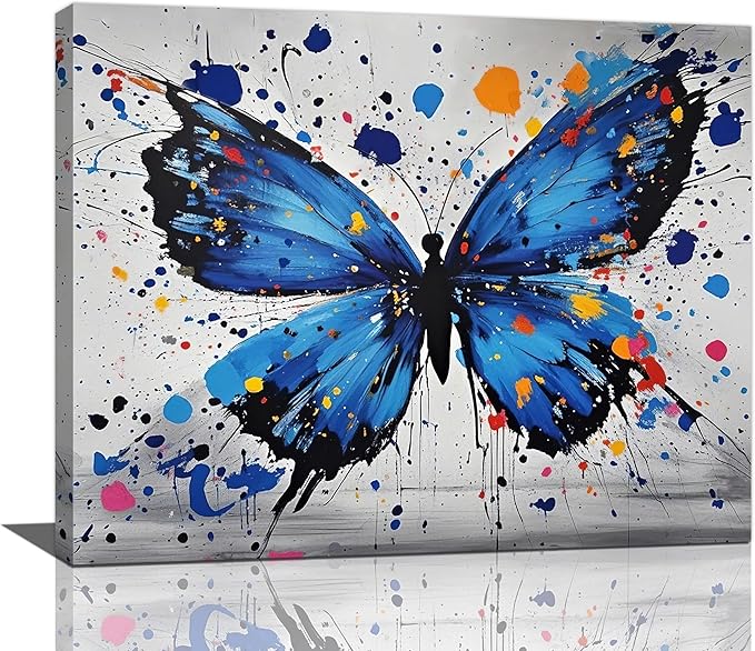 Banksy Butterfly Wall Art Blue Butterfly Street Art Graffiti Wall Decor Pictures Painting Canvas Artwork Framed Decoration Gifts for Women Girl Living Room Bedroom Office 16"x20"