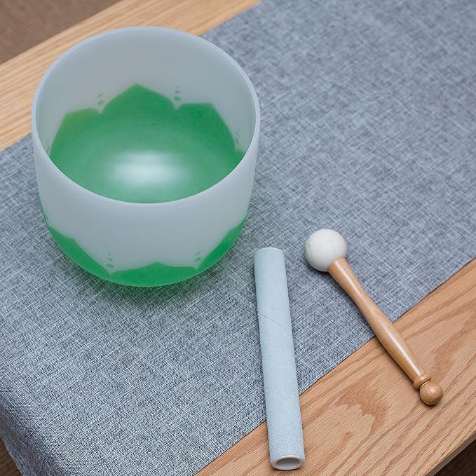 Leize Lotus Design Quartz Crystal Singing Bowl F Note 432 hz Heart Chakra White 8" with Heavy Duty Carrying Case Suede Striker