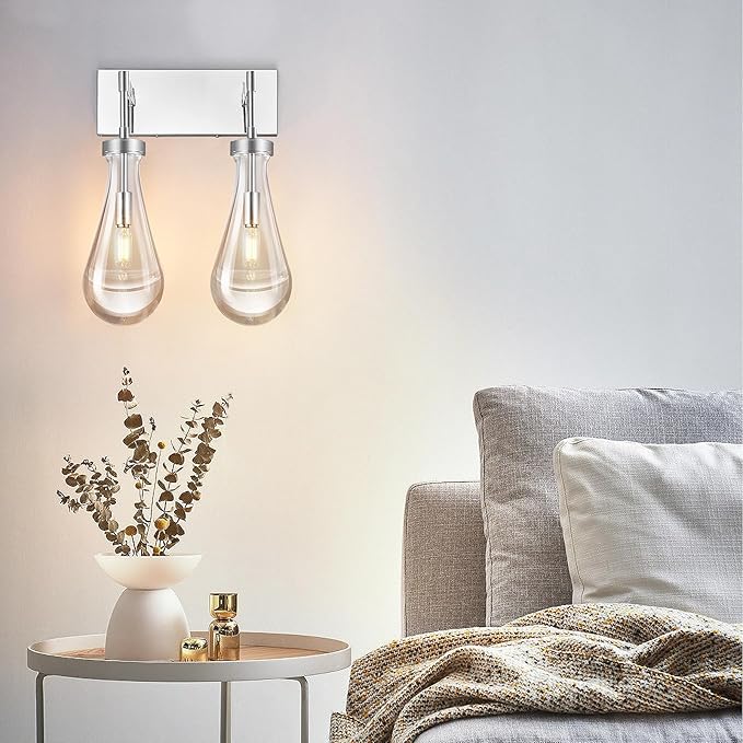 Raindrop Wall Sconces Chrome Crystal Sconces Wall Decor Modern Brass Lighting Glass Bathroom Sconces Indoor Vanity Light Wall Lamp for Bedroom Living Room Stair(2-Light)