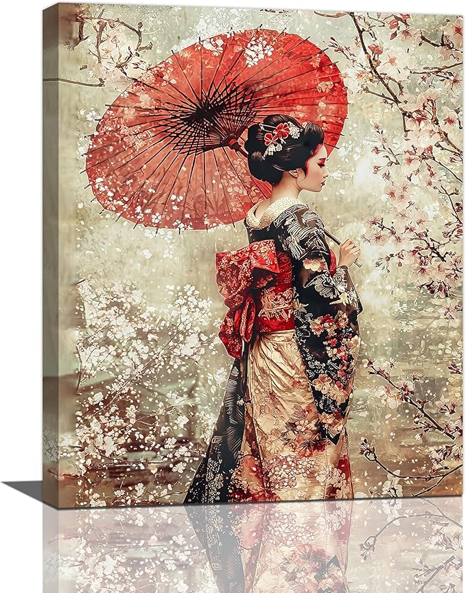 Fleruku Vintage Japanese Wall Art Japanese Geisha Wall Decor Japan Women Pictures Canvas Painting Artwork Home Decorations for Living Room Bedroom Bathroom Office 20"x24"