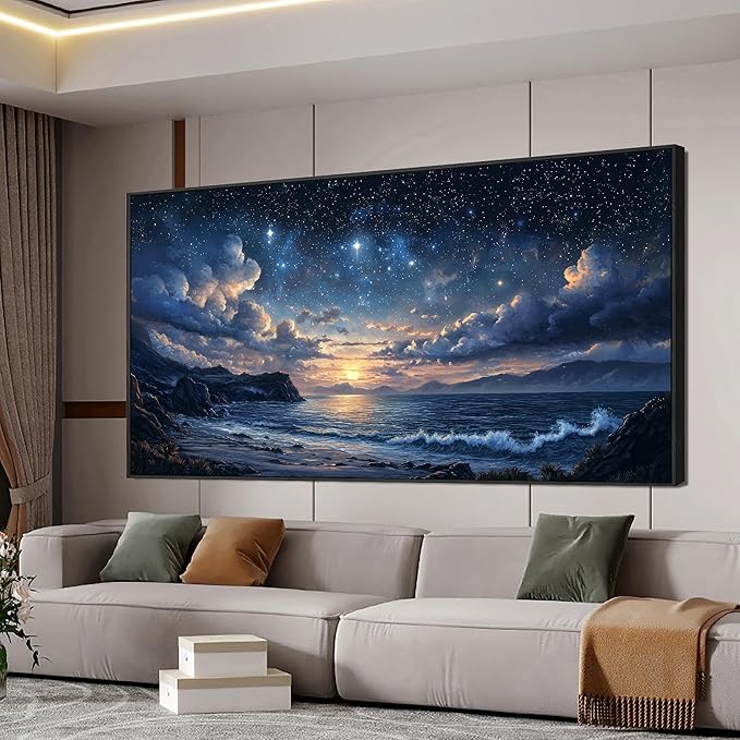 Canvas Wall Art Large Framed Wall Art Prints Modern Pictures for Living Room Landscape Coastal Wall Art Decorations Canvas Art Wall Decor Star Night Artwork for Walls Bedroom Office Decor 29"x58"