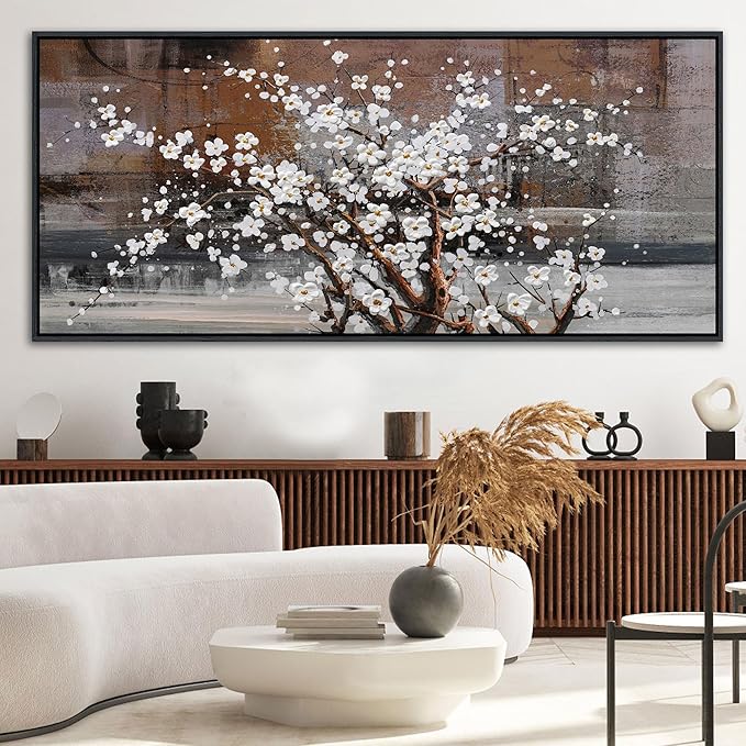 KLAKLA Wall Art for Living Room - Black Framed Wall Decor Large Size Natural Botanical Plum Wooden Framed Abstract Brown Picture Artwork for Bedroom Office