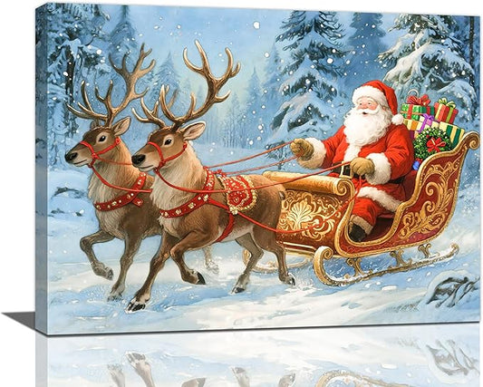 Santa Claus Christmas Wall Art Winter Santa Claus Reindeer Canvas Wall Decor Winter Christmas Pictures Painting Artwork Decoration Framed Gifts for Women Girl Bedroom Living Room Dining Office 12"x16"