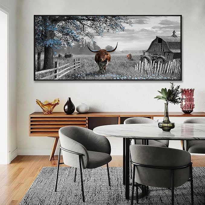 yiijeah Rustic Wall Art - Western Home Decor Cow Picture Extra Large Wall Decr Rustic Longhorn Living Room Bedroom Canvas Framed Artwork Farmhouse Decor
