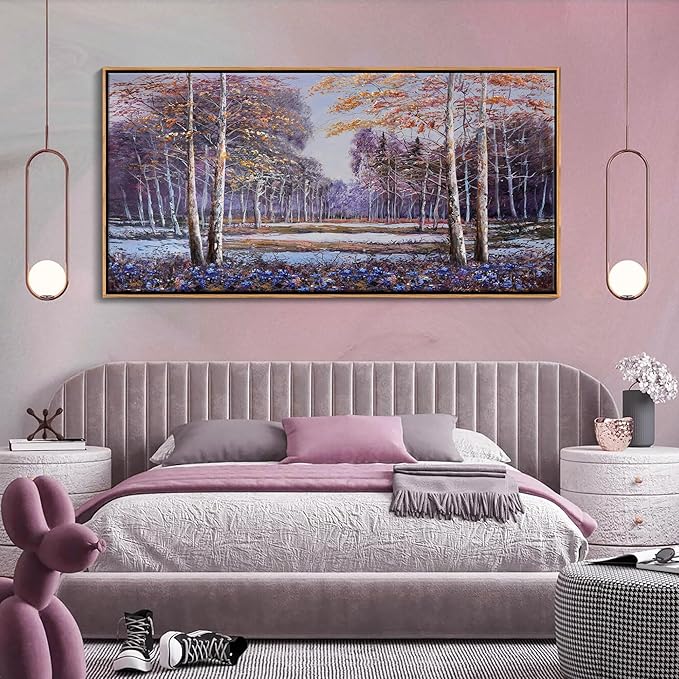 KLAKLA Landscape Wall Art - Blue and Orange Nature Scenery Tree Purple Wall Decor Living Room Bedroom Forest Pictures Framed Artwork for Wall Blue Flower Wall Art
