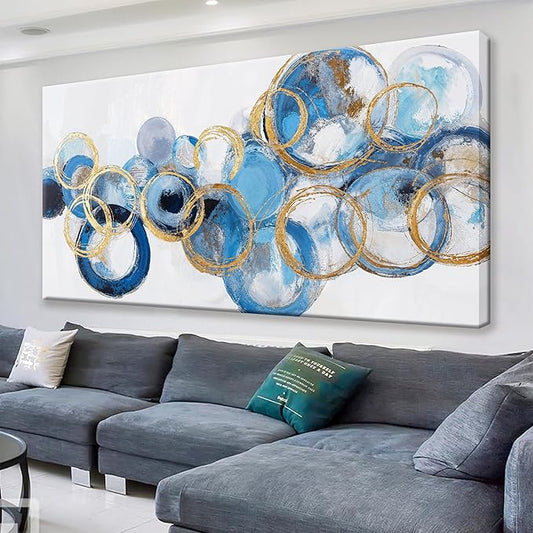 Suconvng Large Abstract Wall Art For Living Room Modern Canvas Decorations Maximalist Blue Gold Circle Canvas Wall Art Decor Prints Artwork Bedroom Kitchen Office Home Wall Artwork 29" × 58"