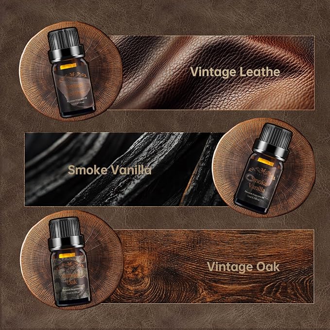 Men Essential Oils Set - 6 Premium Fragrance Oils for Diffusers for Home, Candles & Aromatherapy | Leather, Sandalwood, Cologne, Smoke Vanilla, Oak, Mahogany Scents | Gift Set for Men, Father's Day