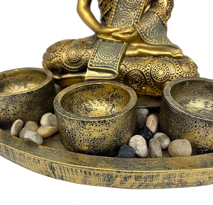ARTCOS Meditating Buddha with 3 Tealight Candle Holder Base Sitting Zen Buddha Statue for Spiritual Room Décor Buda Sculpture Home Decoration for Peace and Harmony (Antique Gold)
