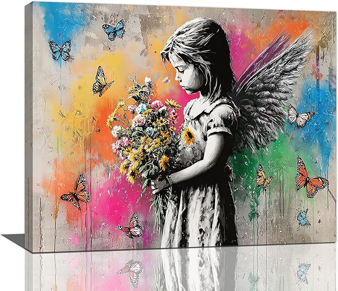 Banksy Wall Art Butterfly Girl Pictures Street Pop Art Graffiti Canvas Wall Decor Vintage Kids Aesthetic Painting Artwork Decorations Framed for Living Room Bedroom Bathroom Kid Room Office 16"x20"