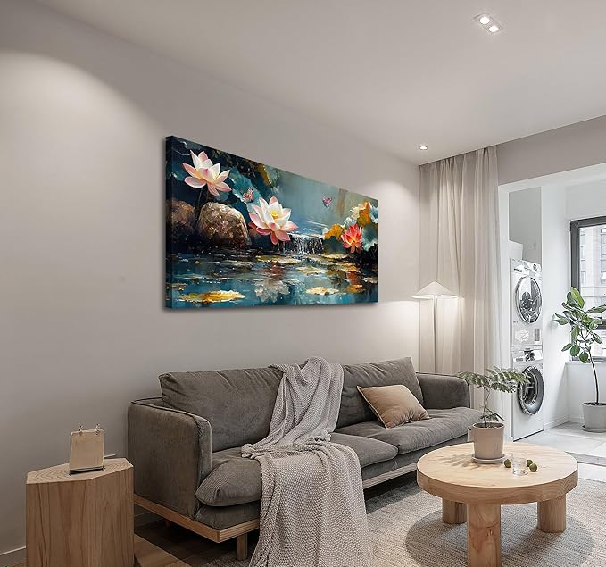 Anolyfi Lotus Canvas Wall Art for Living Room, Zen Yoga Decor Pink Large Picture Landscape Bedroom Painting Textured Artwork Framed for Spa Bathroom Hallway Kitchen Room Office Home Decor 40"x20"