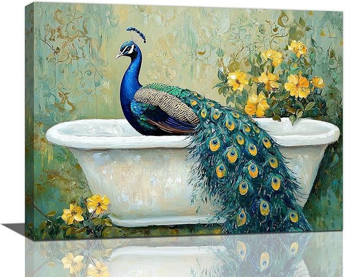 Fleruku Vintage Peacock Wall Art Elegance Bathroom Wall Decor Green Peacock Pictures Canvas Painting Artwork Home Decorations for Living Room Bedroom Office 16"x12"