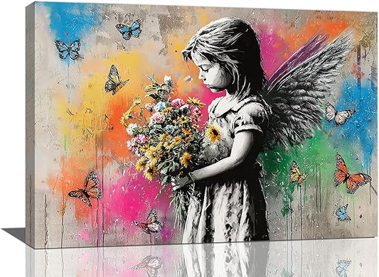 Banksy Wall Art Butterfly Girl Pictures Street Pop Art Graffiti Canvas Wall Decor Vintage Kids Aesthetic Painting Artwork Decorations Framed for Living Room Bedroom Bathroom Kid Room Office 16"x24"
